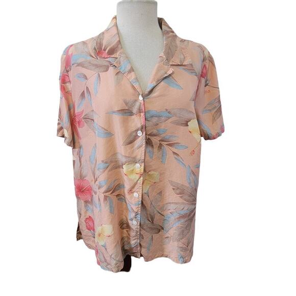 Silk Button Front Hawaiian Hibiscus Floral Short Sleeve Beach Shirt Blouse 1X - Picture 5 of 6